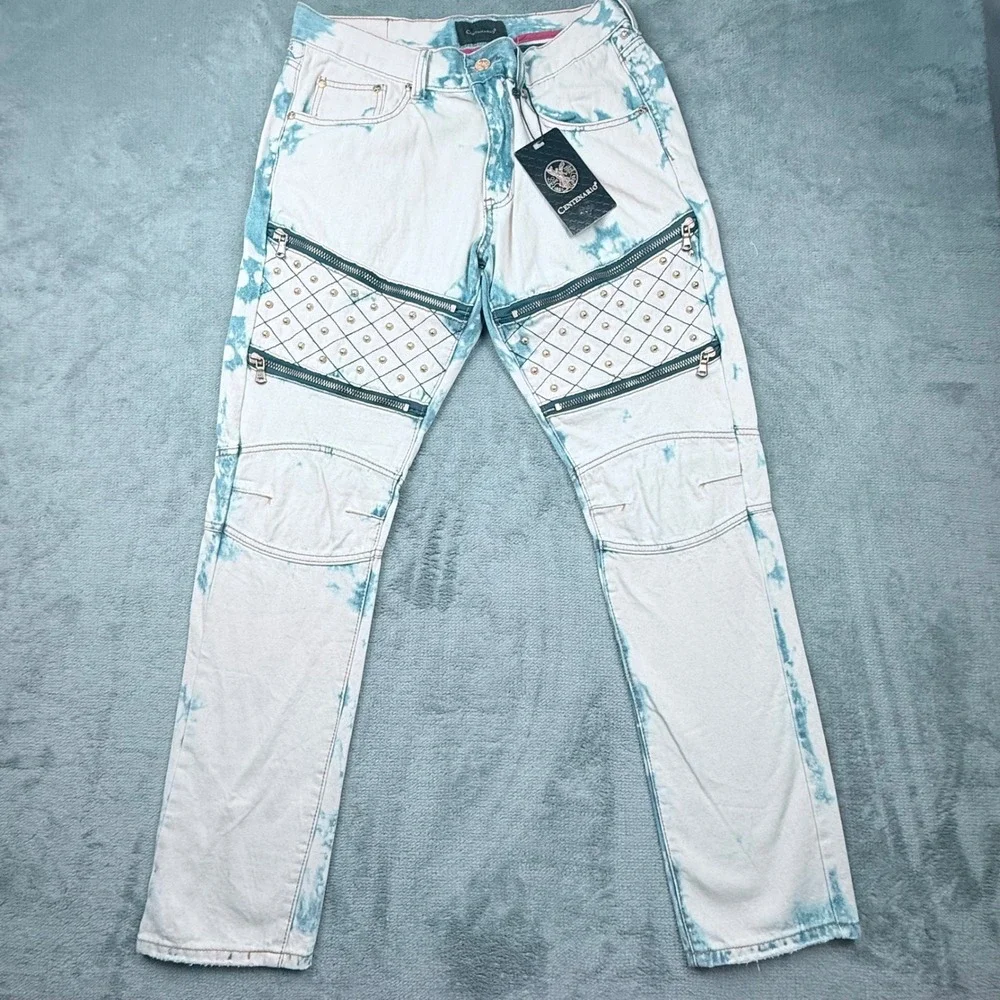 Centenario Mens Acid Wash Biker Jeans White Blue Studded Quilted 34x32 NWT